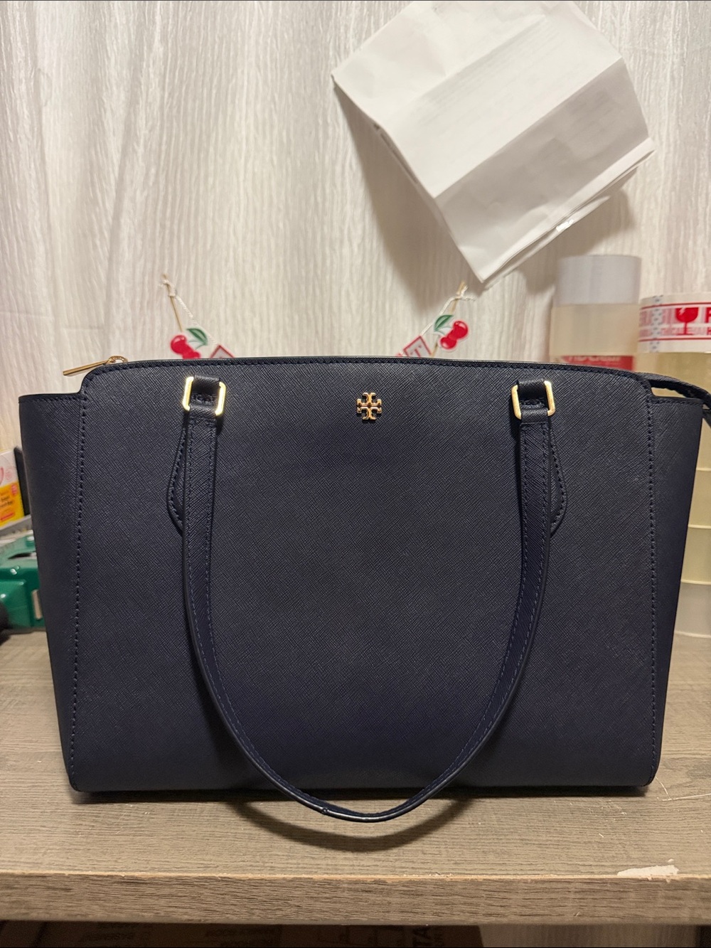 Tory Burch Navy Saffiano Tote with Gold Hardware